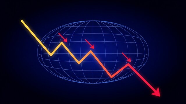 Graphic illustration showing upward downward trend arrows on globe background representing market fluctuations