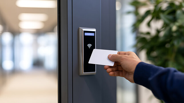 Close up view of person hand use white plastic security smart key card touch reader scanner system access control door office corporate hall