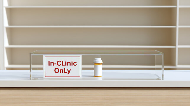 A small medicine bottle and a sign that reads in-clinic only inside a clear acrylic display case on a clean pharmacy counter with empty shelves