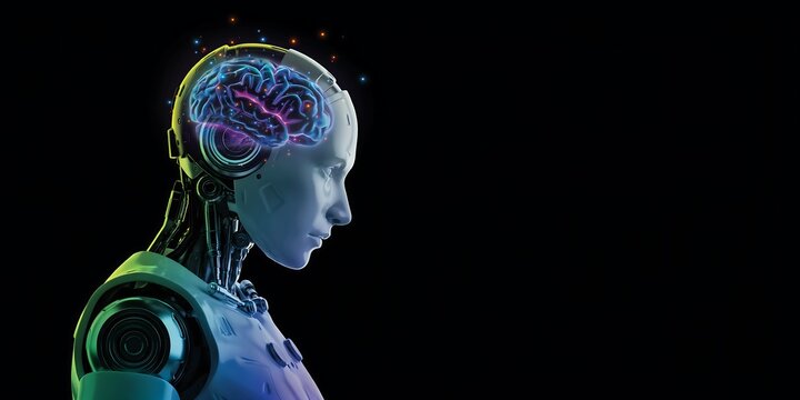 Humanoid robot head with glowing digital brain representing artificial intelligence technology.