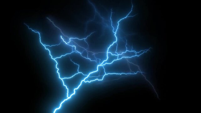 Blue lightning bolts striking and branching across a dark black background with video bright blue electrical discharges branching against dark background thunderstorm