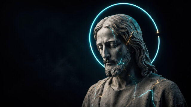 Contemporary Jesus Sculpture with Neon Halo and Glowing Cracks
