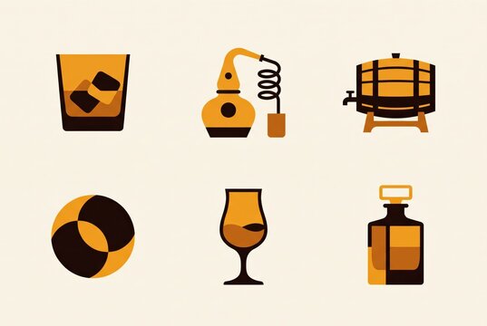 Whiskey distillery icons with barrel bottle glass and still