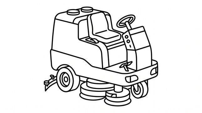 Industrial ride-on floor scrubber machine line art icon illustration