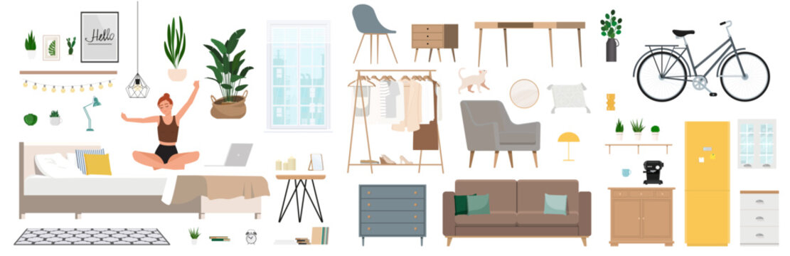 Cozy apartment furniture and interior design element constructor set with character