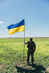 Naklejka premium Ukrainian soldier holding flag standing in green field
