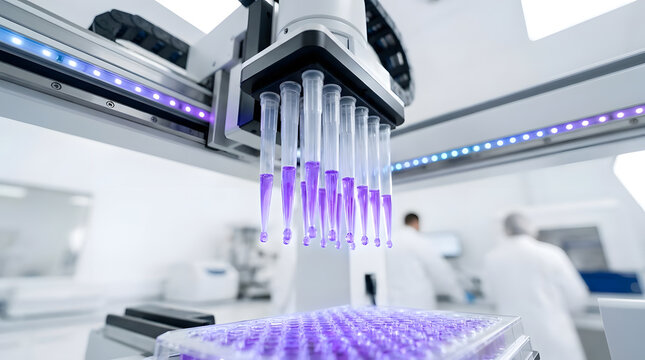 Automated Liquid Handling Robot in Modern Laboratory, Scientific Research, Biotechnology