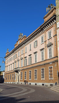 Facade of the Bishop's Palace (or Bishop's Curia) located in Piazza Duomo next to the Cathedral. The historic building originally dates back to the 15th century Piacenza italy