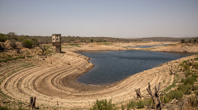 Drinking water reservoir at a critically low level with wide bands of cracked exposed shoreline