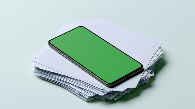 Modern smartphone with bright green display screen rest on top of a large stack of white paper documents on clean light surface top view