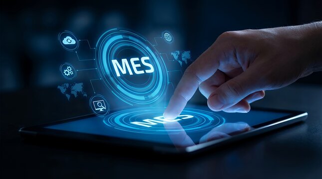 A human finger presses a digital interface on a tablet displaying the acronym MES within a glowing blue circle and various interconnected global icons manufacturing execution system
