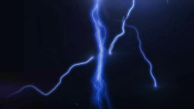Bright blue electric lightning bolts flashing and striking across a dark night sky background with video intense blue flashing branching electricity thunderbolt atmospheric