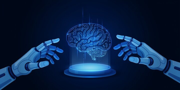 Robotic hands touching a glowing digital human brain model for artificial intelligence concept