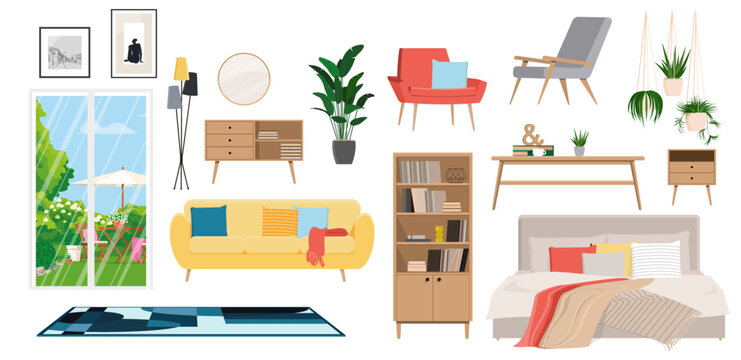 Modern living room and bedroom furniture constructor element set clipart