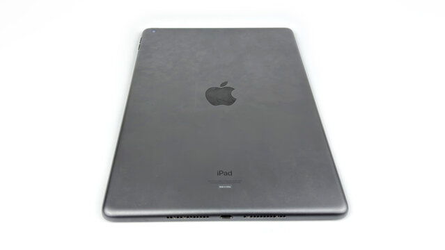 Kediri, East Java, Indonesia &ndash; August 21, 2026: Back View of Black Apple iPad with Logo and Camera on White Background