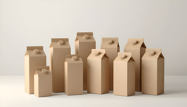 Row of empty unbranded paperboard beverage cartons in assorted sizes on white background