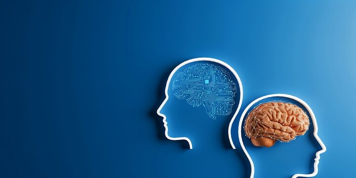 Human head silhouettes with digital circuit and biological brain on blue background