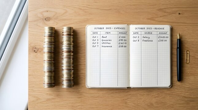 Two stacks of coins next to a notebook with financial records on a wooden desk surface perfect for international equal pay day