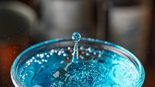 青色のソーダ水から水滴が跳ねる決定的瞬間