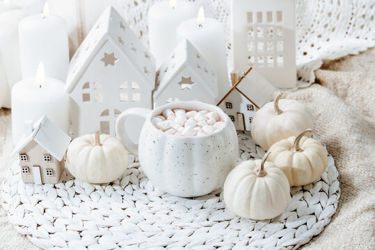 autumn background. Cozy Autumn Hot Chocolate with Mini Pumpkins and Fall Decor Warm mug of hot chocolate with mini marshmallows, white pumpkins and home decor. Inviting autumn scene