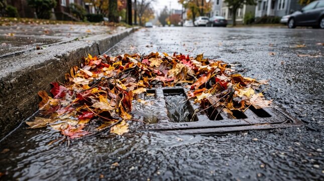 Storm drain blocked by fallen autumn leaves and debris on a wet residential street, causing rainwater to accumulate around the drainage grate