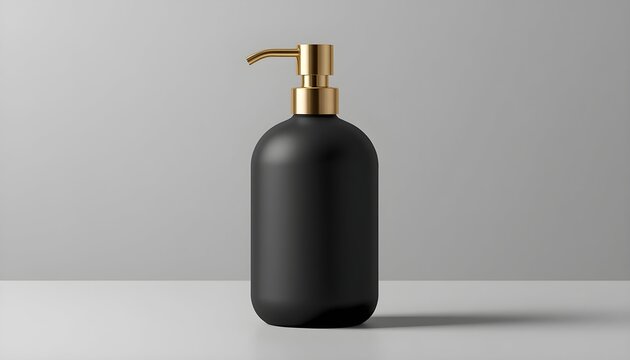 Matte black luxury soap dispenser with brushed gold pump on minimalist bathroom shelf