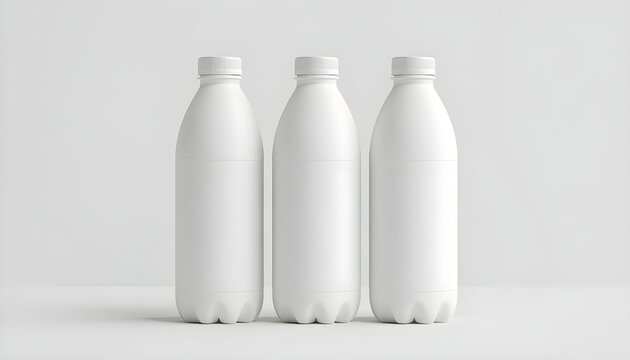 Three blank white plastic bottles side by side for branding and product packaging design mockups