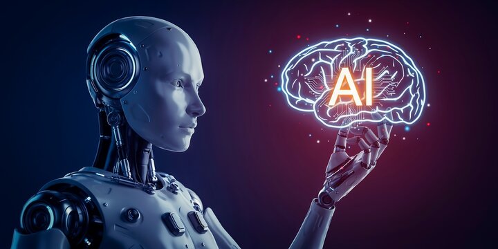 Humanoid robot interacting with a glowing digital AI brain hologram in a dark studio