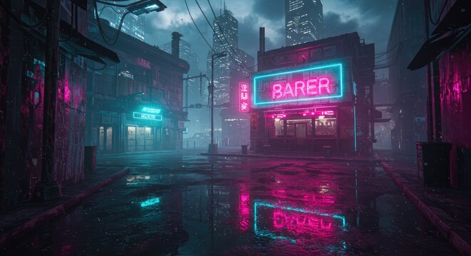 Cyberpunk alleyway at night illuminated by neon signs and glowing windows.