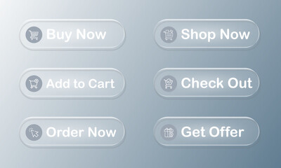 Fototapeta premium Transparent ecommerce action buttons with glossy glass texture and shopping icons including buy now shop now add to cart and checkout options for web store interface development.
