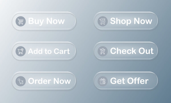 Transparent ecommerce action buttons with glossy glass texture and shopping icons including buy now shop now add to cart and checkout options for web store interface development.