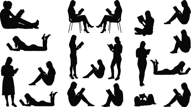 Diverse people reading books and digital devices in seated and relaxed poses, isolated black silhouettes illustrating education, reading, study, and lifestyle concepts