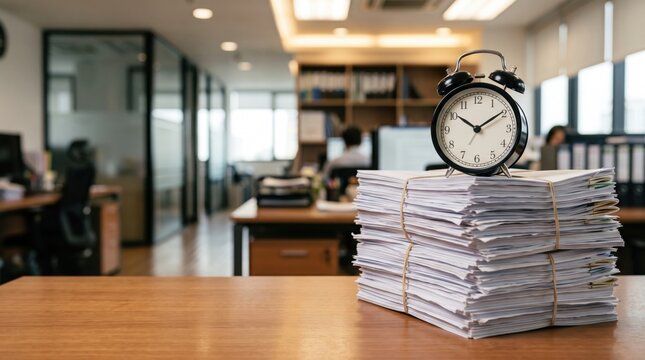 Large stack of paperwork tied together with an alarm clock on an office desk, representing deadlines, workload, administration, time management and business tasks
