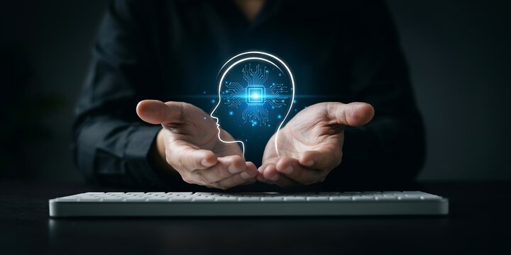 Person holding glowing digital human head icon representing artificial intelligence concept