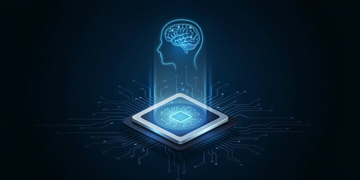 Digital AI brain hologram emerging from a computer processor chip on dark background