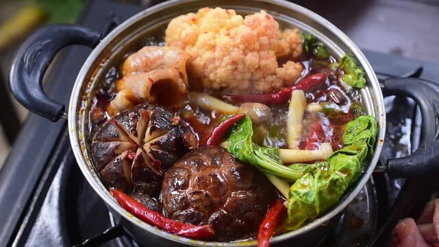 Fiery Chinese mala hot pot simmering with fresh shiitake mushrooms, chili, and vegetables in a spicy Sichuan broth, offering a mouthwatering Asian culinary trend and dining experience. 