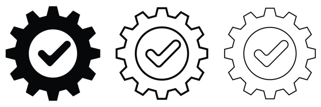 easy installation icon vector, gear and check mark symbol, quick settings icon, simple configuration approval sign, modern flat editable illustration for web, mobile app, software interface, dashboard