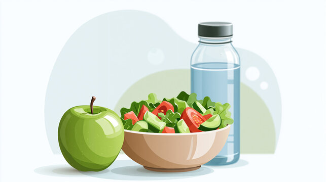 Healthy lifestyle meal showcasing fresh green apple, vibrant salad bowl, and refreshing water for nutrition and wellness