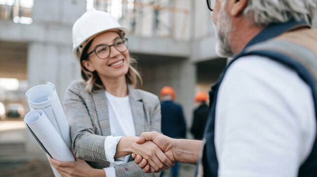 Female architect and experienced construction worker shaking hands, sealing a partnership agreement at a building site