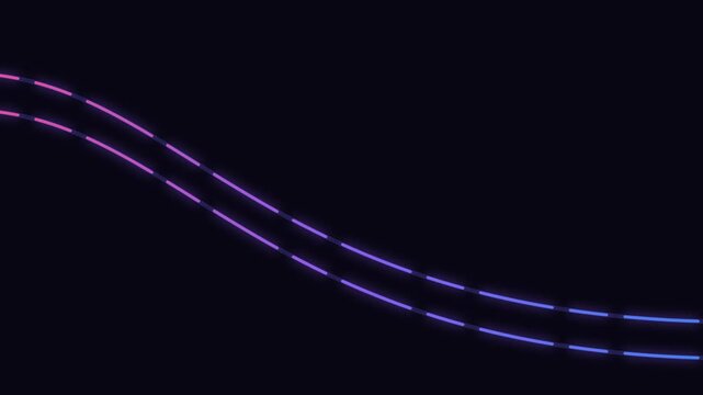 Abstract purple and blue neon glowing wavy dashed lines on dark background digital art