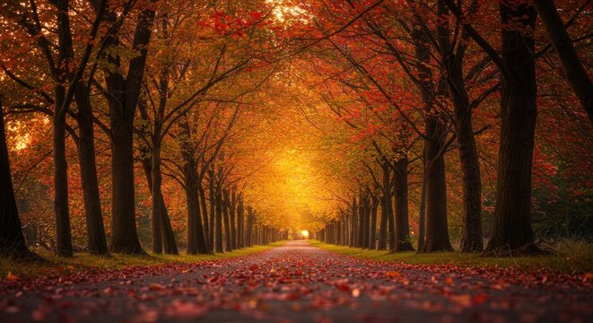 Golden sunset light filtering through bare autumn trees in dense forest.