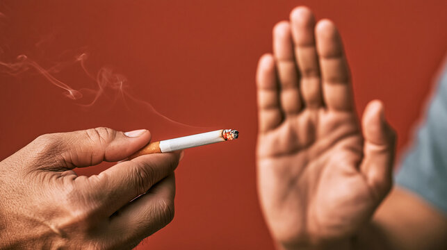 Hand refusing a lit cigarette, symbolizing stopping smoking, health protection, and quitting nicotine addiction