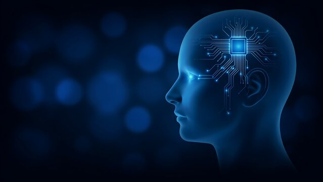 Artificial intelligence concept with digital brain circuit inside human head profile