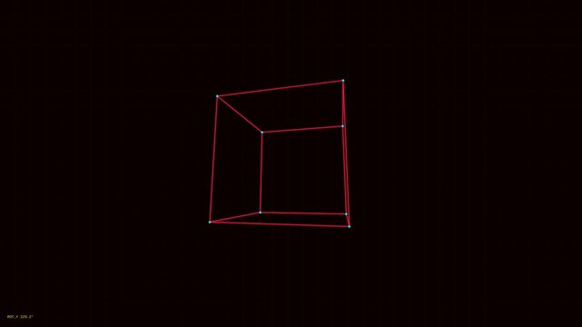 Dynamic motion of wireframe cube rotating in space for 3D visualization and animation.
