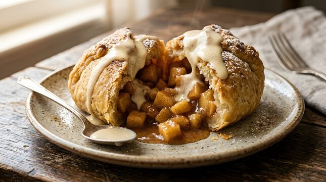 Freshly baked apple dumpling with creamy sauce on a rustic plate perfect for national apple dumpling day