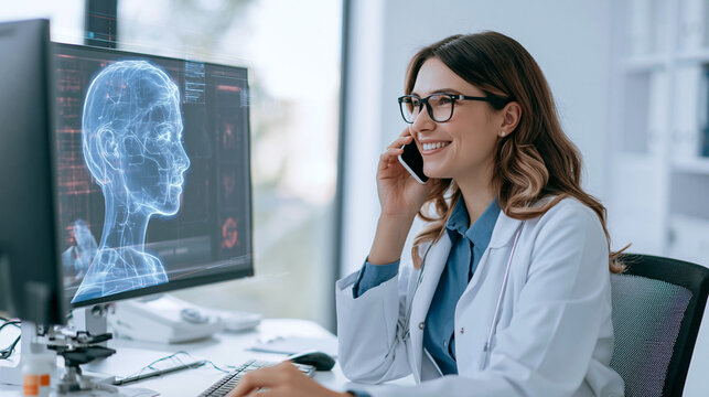 Doctor talking on a cell phone, working on a computer showing a 3d brain scan with futuristic medical data