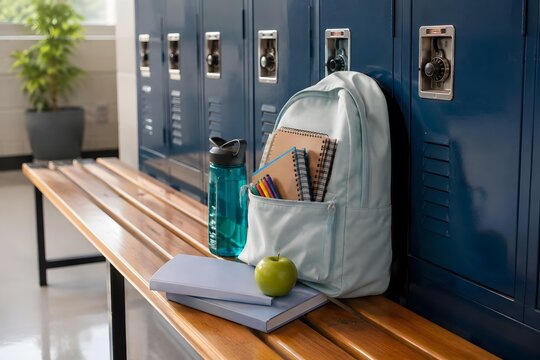 schoolbag and water flask on locker room wood bench