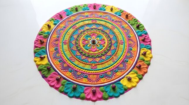 Colorful circular rangoli art pattern with flower buds
