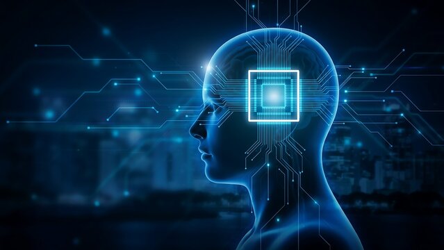 Artificial intelligence human head profile with glowing digital circuit board processor chip