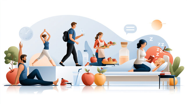 People maintaining healthy lifestyle habits, exercising, eating fresh food, walking, and getting enough sleep